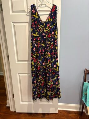Lands' End Navy Floral Top with Pink and Yellow Blooms Size 14-16